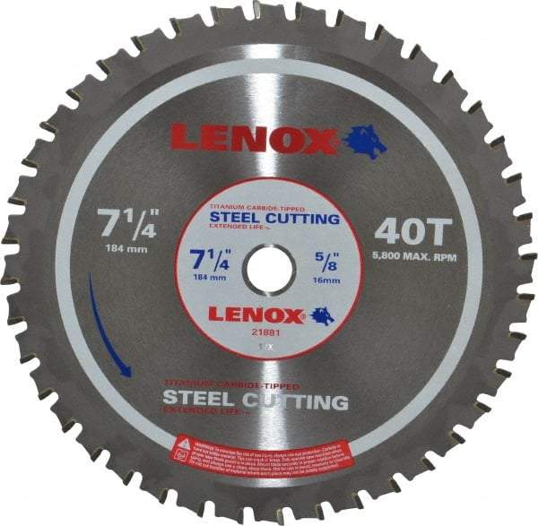 Lenox - 7-1/4" Diam, 5/8" Arbor Hole Diam, 40 Tooth Wet & Dry Cut Saw Blade - Titanium Carbide-Tipped, General Purpose Action, Standard Round Arbor - Makers Industrial Supply