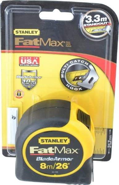 Stanley - 26' x 1-1/4" Yellow Blade Tape Measure - 1/32 & 1/16" & 1mm Graduation, Inch/Metric Graduation Style, Yellow/Black Case - Makers Industrial Supply