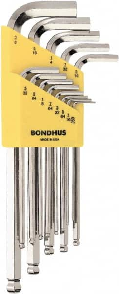 Bondhus - 13 Piece L-Key Ball End Hex Key Set - Hex Range 0.05 to 3/8", 7" OAL, Protanium High Torque Steel - Makers Industrial Supply