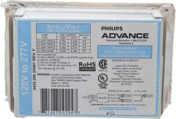 Philips Advance - 1 or 2 Lamp, 120-277 Volt, 0.21 to 0.78 Amp, 0 to 39, 40 to 79 Watt, Programmed Start, Electronic, Nondimmable Fluorescent Ballast - 0.80, 0.85, 0.93, 0.94, 0.95, 0.96, 0.97, 0.98, 1.00 Ballast Factor - Makers Industrial Supply