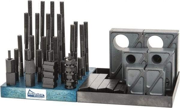 Gibraltar - 50 Piece Fixturing Step Block & Clamp Set with 1-1/2" Step Block, 9/16" T-Slot, 1/2-13 Stud Thread - 7/8" Nut Width, 3, 4, 5, 6, 7 & 8" Stud Lengths - Makers Industrial Supply