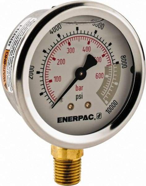 Enerpac - 0 to 10,000 psi Pressure Rating, 1/4 NPTF Gauge Connection, Hydraulic Pressure Liquid Filled Gage - 2-1/2" Face Diam - Makers Industrial Supply