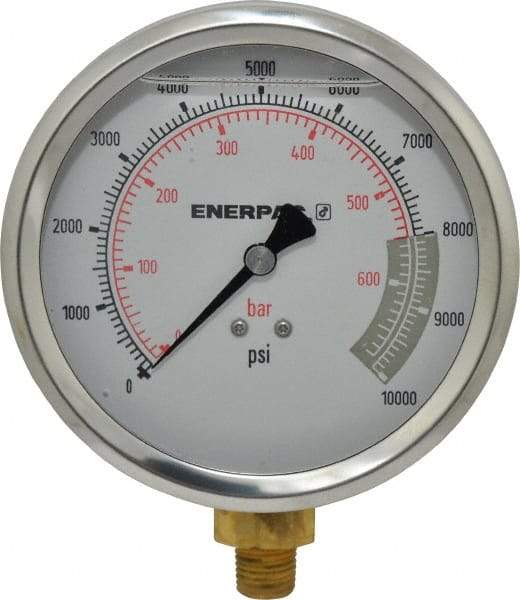 Enerpac - 0 to 10,000 psi Pressure Rating, 1/4 NPTF Gauge Connection, Hydraulic Pressure Liquid Filled Gage - 4" Face Diam - Makers Industrial Supply