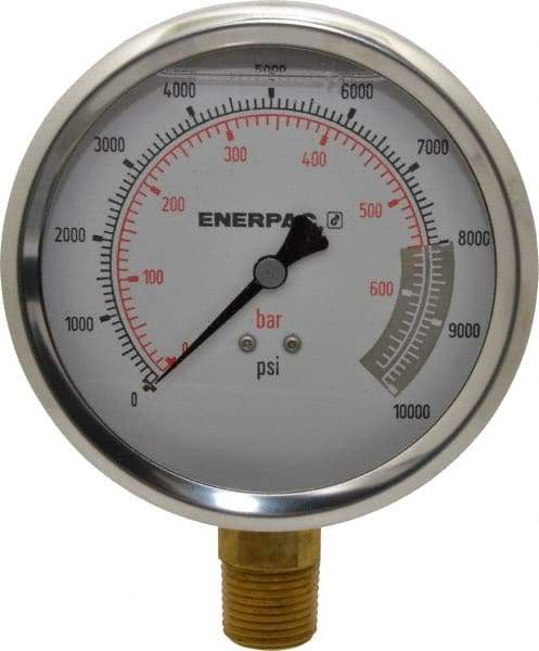 Enerpac - 0 to 10,000 psi Pressure Rating, 1/2 NPTF Gauge Connection, Hydraulic Pressure Liquid Filled Gage - 4" Face Diam - Makers Industrial Supply