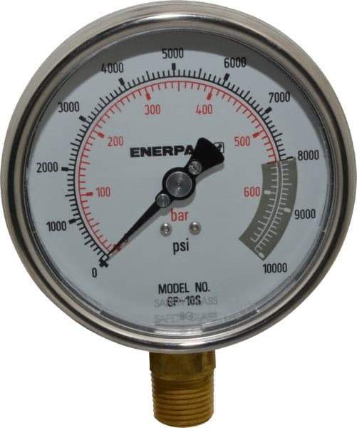 Enerpac - 0 to 10,000 psi Pressure Rating, 1/2 NPTF Gauge Connection, Hydraulic Pressure Dry Gage - 4" Face Diam - Makers Industrial Supply