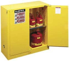 Justrite - 2 Door, 1 Shelf, Yellow Steel Standard Safety Cabinet for Flammable and Combustible Liquids - 44" High x 43" Wide x 18" Deep, Self Closing Door, 3 Point Key Lock, 30 Gal Capacity - Makers Industrial Supply