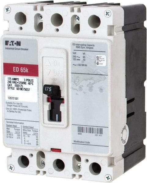 Eaton Cutler-Hammer - 175 Amp, 125 VDC, 240 VAC, 3 Pole, Molded Case Circuit Breaker - Thermal Magnetic Trip, 65 kA at 240 VAC Breaking Capacity, 4-4/0 AWG, 3-3/8 Inch Deep x 6 Inch High x 4-1/8 Inch Wide - Makers Industrial Supply