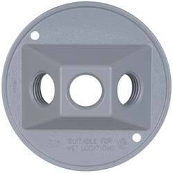 Cooper Crouse-Hinds - 3 Outlet, 1/2" Hole Diam, Powder Coat Finish, Round Noncorrosive Weatherproof Box Cover - 4-1/2" Wide x 9/16" High, Wet Locations, Aluminum, UL Listed - Makers Industrial Supply