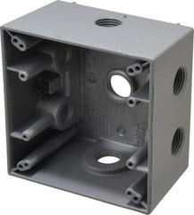 Cooper Crouse-Hinds - 2 Gang, (7) 1/2" Knockouts, Aluminum Square Outlet Box - 4-1/2" Overall Height x 4-1/2" Overall Width x 2-21/32" Overall Depth, Weather Resistant - Makers Industrial Supply