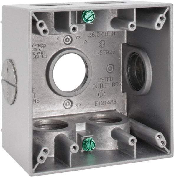 Cooper Crouse-Hinds - 2 Gang, (7) 1" Knockouts, Aluminum Square Outlet Box - 4-1/2" Overall Height x 4-1/2" Overall Width x 2-21/32" Overall Depth, Weather Resistant - Makers Industrial Supply