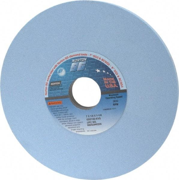 Norton - 7" Diam x 1-1/4" Hole x 1/2" Thick, K Hardness, 100 Grit Surface Grinding Wheel - Ceramic, Type 1, Fine Grade, 3,600 Max RPM, Vitrified Bond, No Recess - Makers Industrial Supply