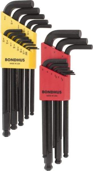 Bondhus - 22 Piece L-Key Ball End Hex Key Set - Hex Range 0.05 to 3/8" - Makers Industrial Supply