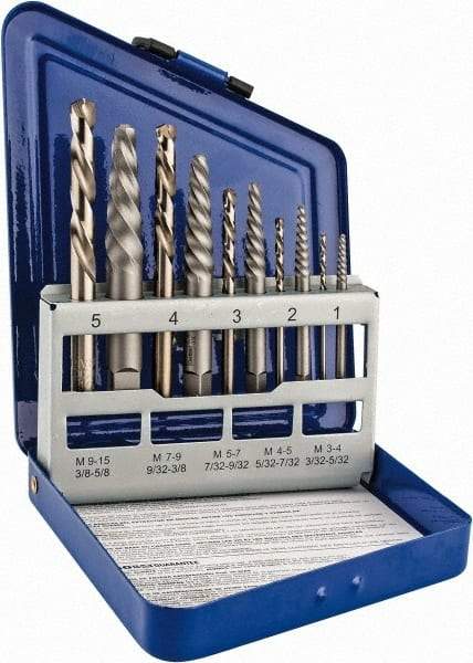 Irwin - 10 Piece Spiral Flute Screw Extractor & Drill Set - Screw Range 3/16 to 3/4" - Makers Industrial Supply