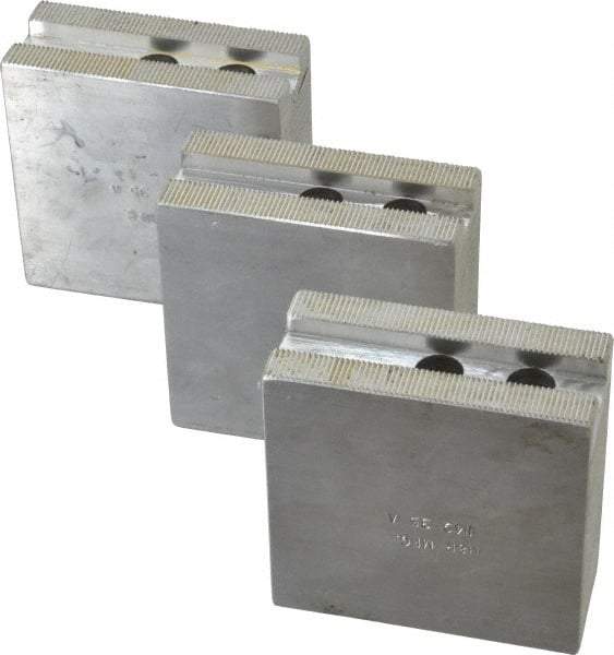 H & R Manufacturing - 8" Chuck Capacity, 1.5mm x 60° Serrated Attachment, Square Soft Lathe Chuck Jaw - 3 Jaws, Aluminum, 1" Btw Mount Hole Ctrs, 3-1/2" Long x 1-1/2" Wide x 3-1/2" High, 0.551" Groove, 12mm Fastener - Makers Industrial Supply