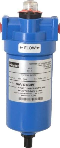 Parker - 1/4" Port, 8.8" High x 3.11" Wide, FRL Filter with Aluminum Bowl & Manual Drain - 15 SCFM, 250 Max psi, 175°F Max - Makers Industrial Supply