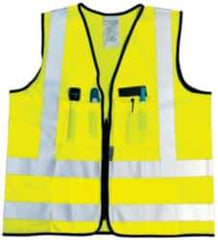 OccuNomix - Size M High Visibility Yellow Solid Surveyor's Vest - 36 to 38" Chest, ANSI 107-2015, Zipper Closure, 12 Pockets, Polyester - Makers Industrial Supply