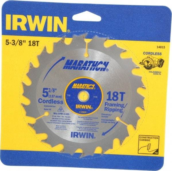 Irwin - 5-3/8" Diam, 10mm Arbor Hole Diam, 18 Tooth Wet & Dry Cut Saw Blade - Carbide-Tipped, Framing & Ripping Action, Standard Round Arbor - Makers Industrial Supply