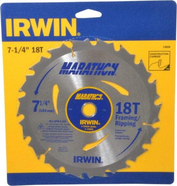 Irwin - 7-1/4" Diam, 5/8" Arbor Hole Diam, 18 Tooth Wet & Dry Cut Saw Blade - Carbide-Tipped, Framing & Ripping Action, Diamond Arbor - Makers Industrial Supply