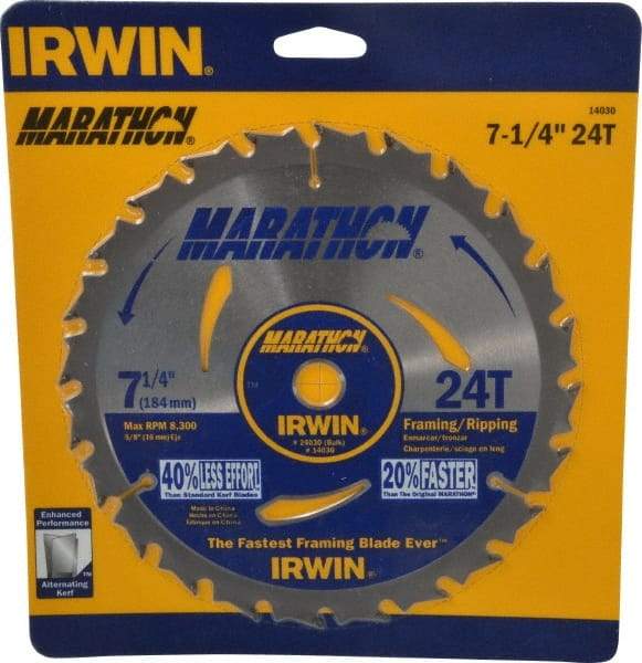 Irwin - 7-1/4" Diam, 5/8" Arbor Hole Diam, 24 Tooth Wet & Dry Cut Saw Blade - Carbide-Tipped, Framing & Ripping Action, Diamond Arbor - Makers Industrial Supply