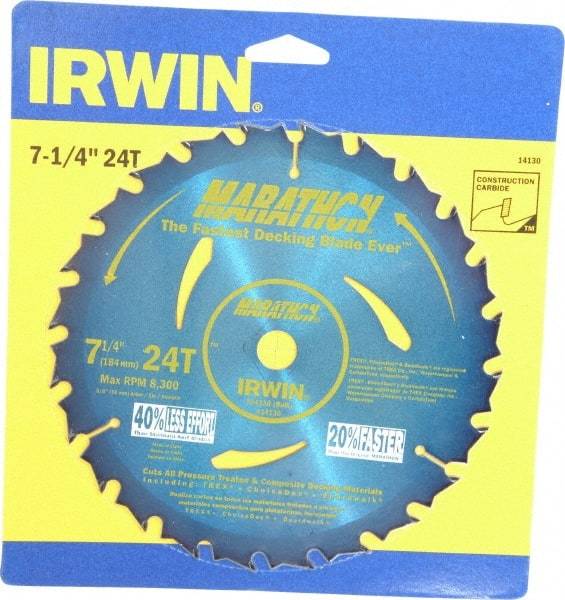 Irwin - 7-1/4" Diam, 5/8" Arbor Hole Diam, 24 Tooth Wet & Dry Cut Saw Blade - Carbide-Tipped, General Purpose Action, Diamond Arbor - Makers Industrial Supply