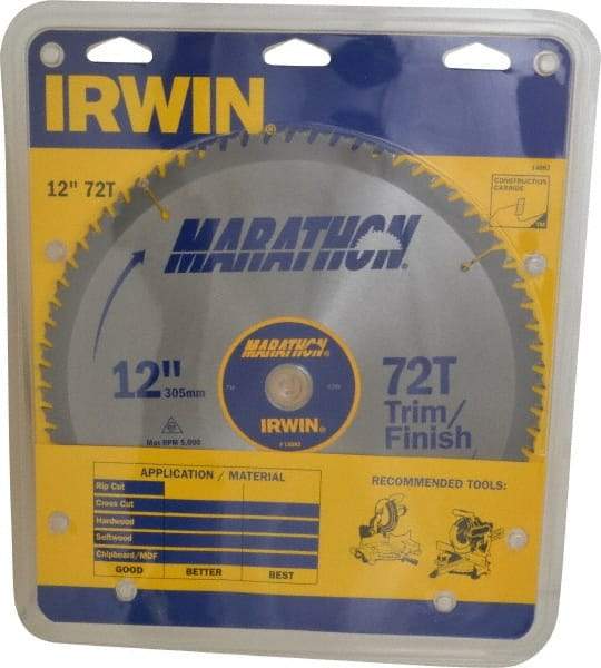 Irwin - 12" Diam, 1" Arbor Hole Diam, 72 Tooth Wet & Dry Cut Saw Blade - Carbide-Tipped, Finishing & Trimming Action, Standard Round Arbor - Makers Industrial Supply