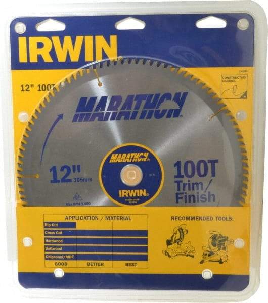 Irwin - 12" Diam, 1" Arbor Hole Diam, 100 Tooth Wet & Dry Cut Saw Blade - Carbide-Tipped, Finishing & Trimming Action, Standard Round Arbor - Makers Industrial Supply