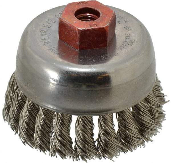 Anderson - 2-3/4" Diam, M10x1.50 Threaded Arbor, Stainless Steel Fill Cup Brush - 0.02 Wire Diam, 3/4" Trim Length, 14,000 Max RPM - Makers Industrial Supply