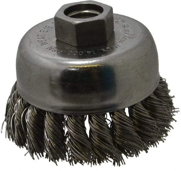 Anderson - 2-3/4" Diam, 5/8-11 Threaded Arbor, Stainless Steel Fill Cup Brush - 0.02 Wire Diam, 3/4" Trim Length, 14,000 Max RPM - Makers Industrial Supply