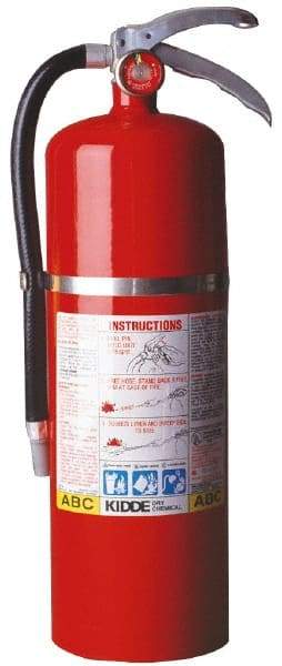 Kidde - 10 Lb, 4-A:80-B:C Rated, Dry Chemical Fire Extinguisher - 5-1/4" Diam x 19.13" High, 195 psi, 20' Discharge in 22 sec, Rechargeable, Steel Cylinder - Makers Industrial Supply