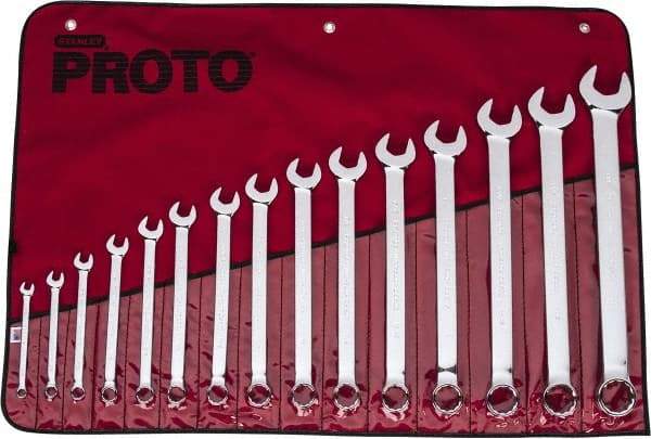 Proto - 15 Piece, 5/16" to 1-1/4", 12 Point Combination Wrench Set - Inch Measurement Standard, Full Polish Finish, Comes in Vinyl Roll - Makers Industrial Supply