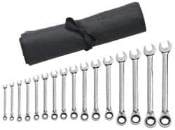 GearWrench - 16 Piece, 8mm to 25mm, 6 Point Combination Wrench Set - Metric Measurement Standard, Chrome Finish, Comes in Vinyl Pouch - Makers Industrial Supply