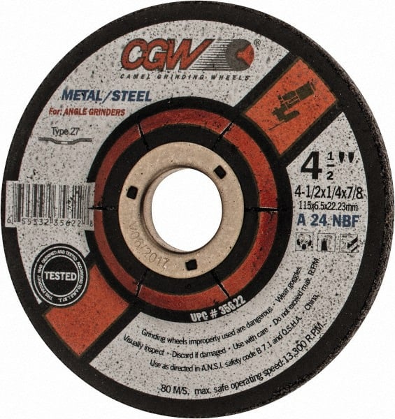 CGW Abrasives - 24 Grit, 4-1/2" Diam x 1/4" Thick x 7/8" Arbor, Type 27 Depressed Center Wheel - Makers Industrial Supply