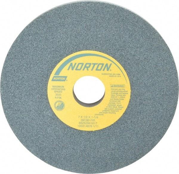 Norton - 7" Diam x 1-1/4" Hole x 1/2" Thick, I Hardness, 80 Grit Surface Grinding Wheel - Silicon Carbide, Type 1, Medium Grade, 3,600 Max RPM, Vitrified Bond, No Recess - Makers Industrial Supply