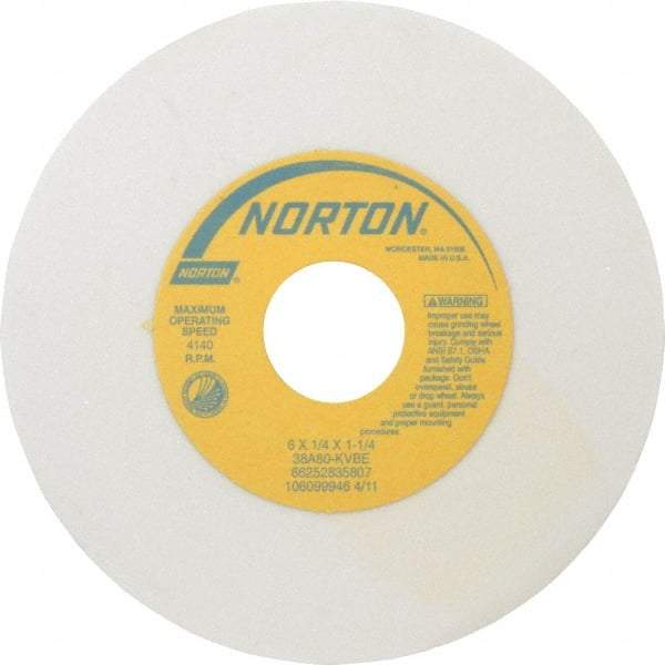 Norton - 6" Diam x 1-1/4" Hole x 1/4" Thick, K Hardness, 80 Grit Surface Grinding Wheel - Aluminum Oxide, Type 1, Medium Grade, 4,140 Max RPM, Vitrified Bond, No Recess - Makers Industrial Supply