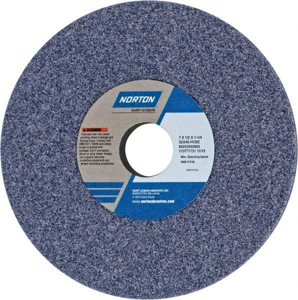 Norton - 7" Diam x 1-1/4" Hole x 1/2" Thick, H Hardness, 46 Grit Surface Grinding Wheel - Aluminum Oxide, Type 1, Coarse Grade, 3,600 Max RPM, Vitrified Bond, No Recess - Makers Industrial Supply