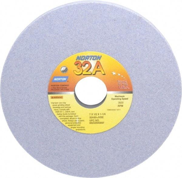 Norton - 7" Diam x 1-1/4" Hole x 1/2" Thick, J Hardness, 80 Grit Surface Grinding Wheel - Aluminum Oxide, Type 1, Medium Grade, 3,600 Max RPM, Vitrified Bond, No Recess - Makers Industrial Supply