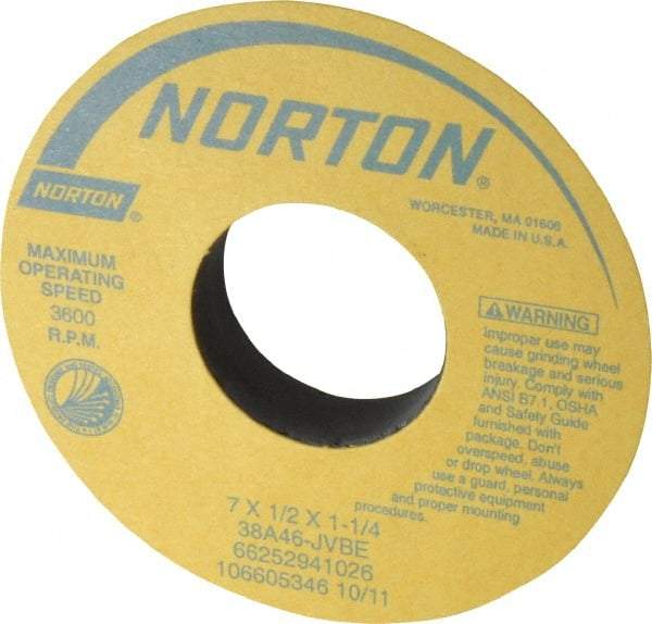 Norton - 7" Diam x 1-1/4" Hole x 1/2" Thick, J Hardness, 46 Grit Surface Grinding Wheel - Aluminum Oxide, Type 1, Coarse Grade, 3,600 Max RPM, Vitrified Bond, No Recess - Makers Industrial Supply