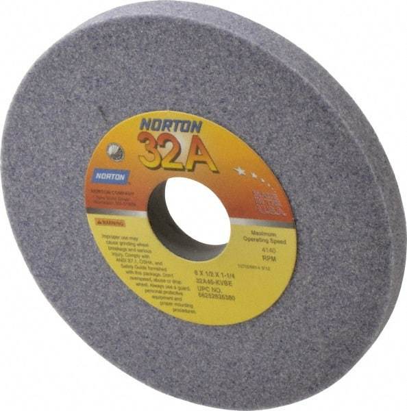 Norton - 6" Diam x 1-1/4" Hole x 1/2" Thick, K Hardness, 46 Grit Surface Grinding Wheel - Aluminum Oxide, Type 1, Coarse Grade, 4,140 Max RPM, Vitrified Bond, No Recess - Makers Industrial Supply