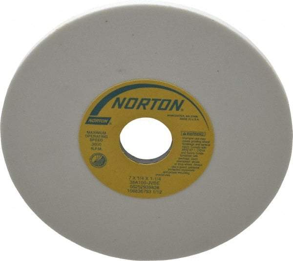 Norton - 7" Diam x 1-1/4" Hole x 1/4" Thick, J Hardness, 100 Grit Surface Grinding Wheel - Aluminum Oxide, Type 1, Fine Grade, 3,600 Max RPM, Vitrified Bond, No Recess - Makers Industrial Supply