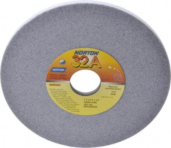 Norton - 7" Diam x 1-1/4" Hole x 1/4" Thick, J Hardness, 60 Grit Surface Grinding Wheel - Aluminum Oxide, Type 1, Medium Grade, 3,600 Max RPM, Vitrified Bond, No Recess - Makers Industrial Supply