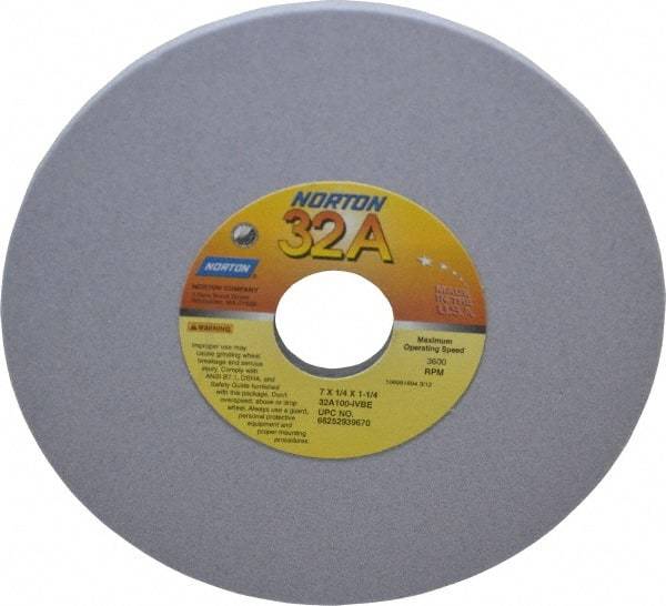 Norton - 7" Diam x 1-1/4" Hole x 1/4" Thick, I Hardness, 100 Grit Surface Grinding Wheel - Aluminum Oxide, Type 1, Fine Grade, 3,600 Max RPM, Vitrified Bond, No Recess - Makers Industrial Supply