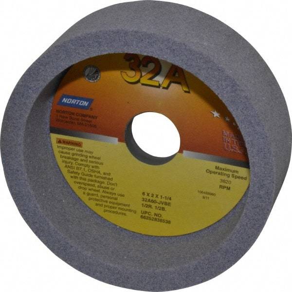 Norton - 6" Diam, 1-1/4" Hole Size, 2" Overall Thickness, 60 Grit, Type 6 Tool & Cutter Grinding Wheel - Medium Grade, Aluminum Oxide, J Hardness, Vitrified Bond, 3,820 RPM - Makers Industrial Supply