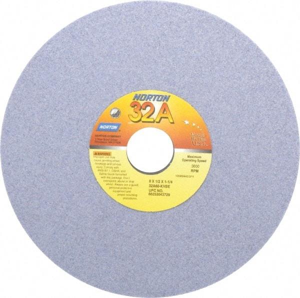 Norton - 8" Diam x 1-1/4" Hole x 1/2" Thick, K Hardness, 60 Grit Surface Grinding Wheel - Aluminum Oxide, Type 1, Medium Grade, 3,600 Max RPM, Vitrified Bond, No Recess - Makers Industrial Supply