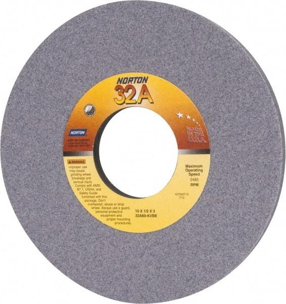 Norton - 10" Diam x 3" Hole x 1/2" Thick, K Hardness, 60 Grit Surface Grinding Wheel - Aluminum Oxide, Type 1, Medium Grade, 2,485 Max RPM, Vitrified Bond, No Recess - Makers Industrial Supply