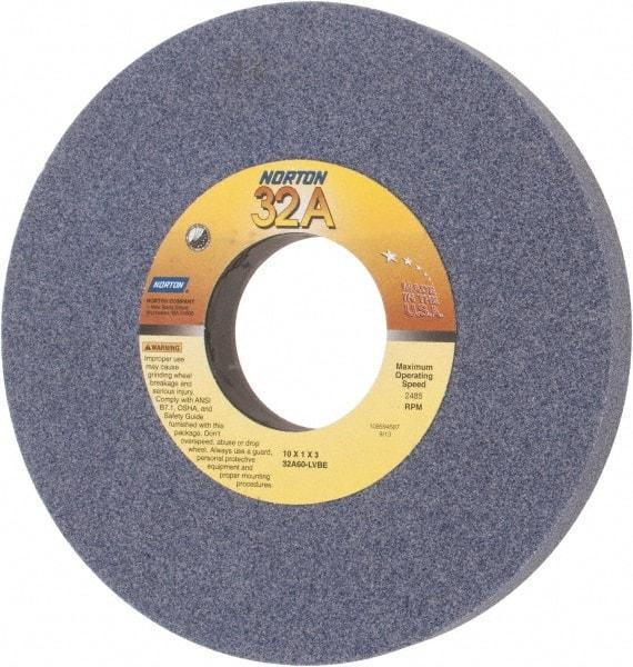 Norton - 10" Diam x 3" Hole x 1" Thick, L Hardness, 60 Grit Surface Grinding Wheel - Aluminum Oxide, Type 1, Medium Grade, 2,485 Max RPM, Vitrified Bond, No Recess - Makers Industrial Supply