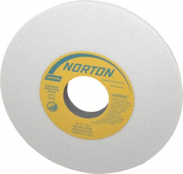 Norton - 12" Diam x 3" Hole x 1" Thick, H Hardness, 46 Grit Surface Grinding Wheel - Aluminum Oxide, Type 1, Coarse Grade, 2,070 Max RPM, Vitrified Bond, No Recess - Makers Industrial Supply