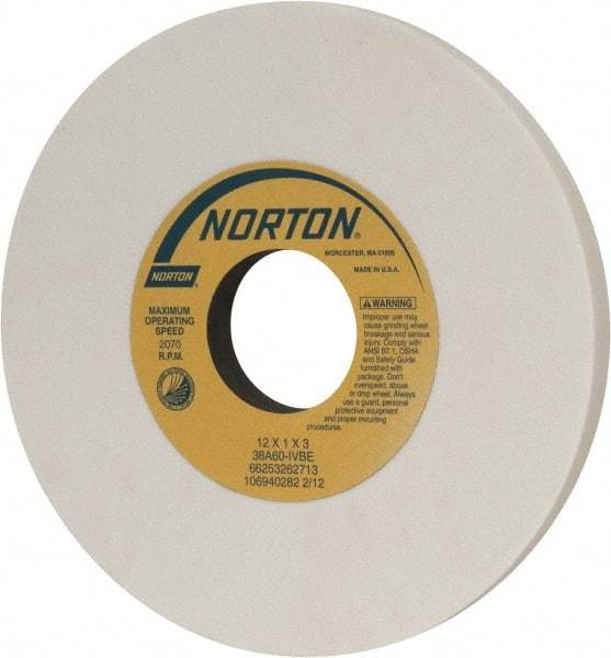 Norton - 12" Diam x 3" Hole x 1" Thick, I Hardness, 60 Grit Surface Grinding Wheel - Aluminum Oxide, Type 1, Medium Grade, 2,070 Max RPM, Vitrified Bond, No Recess - Makers Industrial Supply