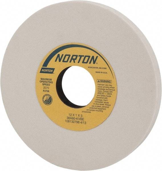 Norton - 12" Diam x 3" Hole x 1" Thick, K Hardness, 60 Grit Surface Grinding Wheel - Aluminum Oxide, Type 1, Medium Grade, 2,070 Max RPM, Vitrified Bond, No Recess - Makers Industrial Supply