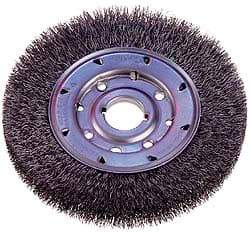 Osborn - 8" OD, 1-1/4" Arbor Hole, Crimped Steel Wheel Brush - 5/8" Face Width, 1-1/2" Trim Length, 0.008" Filament Diam, 4,500 RPM - Makers Industrial Supply