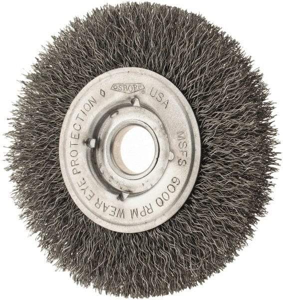 Osborn - 4" OD, 1/2 & 5/8" Arbor Hole, Crimped Steel Wheel Brush - 5/8" Face Width, 13/16" Trim Length, 0.0104" Filament Diam, 6,000 RPM - Makers Industrial Supply